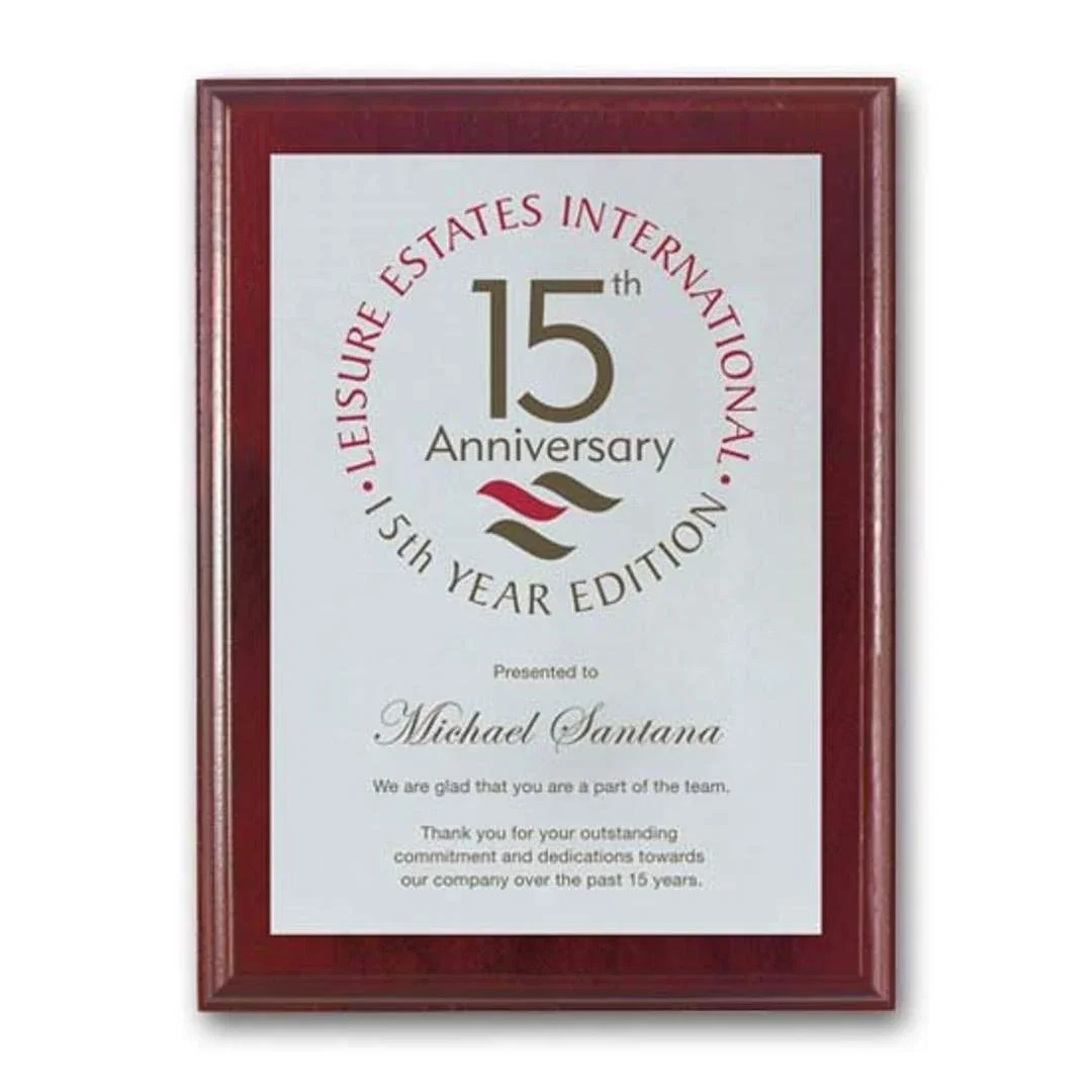 Custom Screenprinted Aluminum Plaque on Mahogany-Finished Wood for retirement presentations
