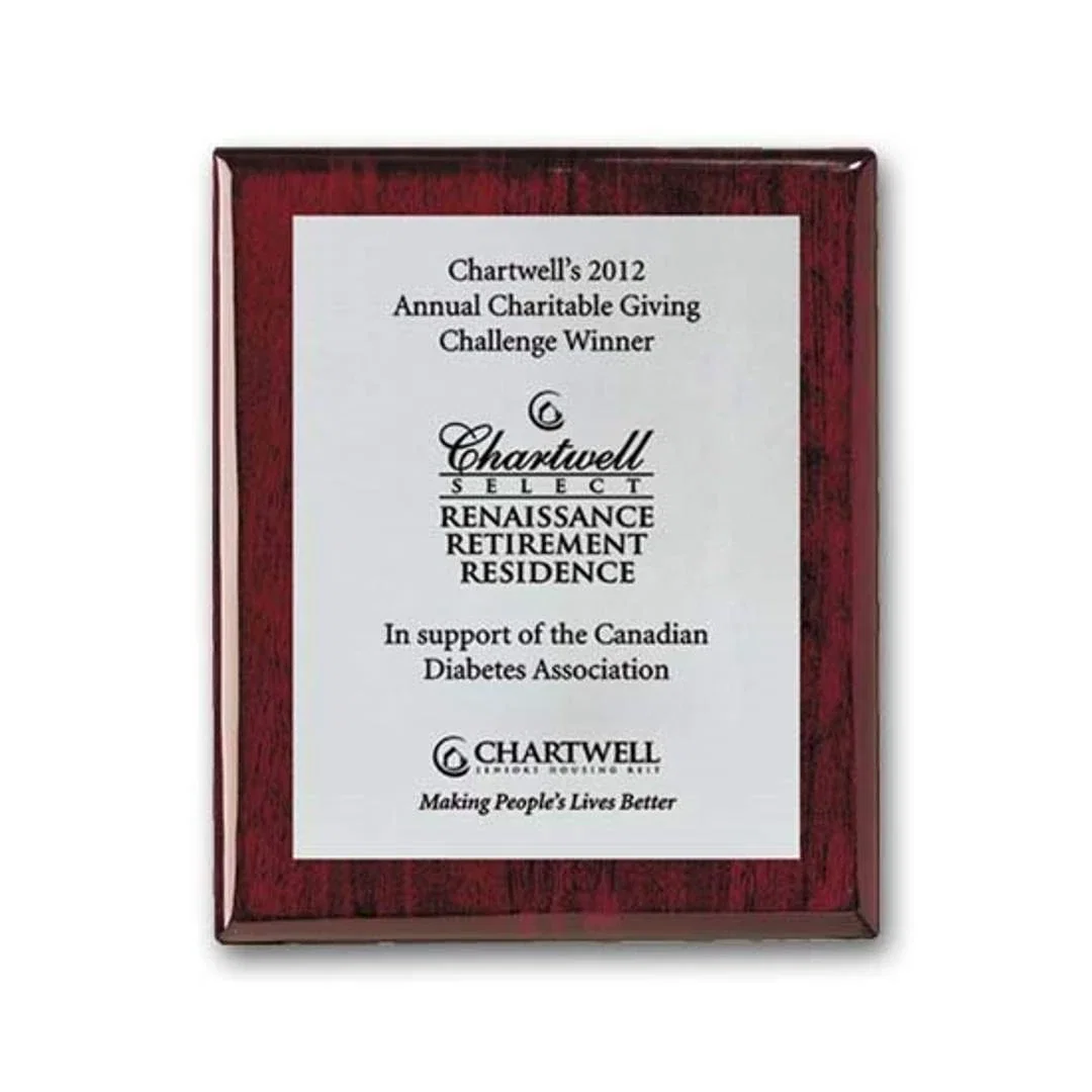 Custom Screenprinted Aluminum Plaque on Rosewood Piano Finish for service anniversary gifts