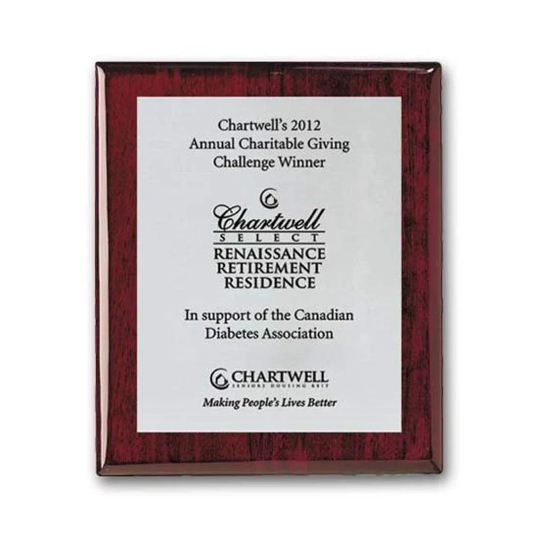 Custom Screenprinted Aluminum Plaque on Rosewood Piano Finish for sales achievement awards