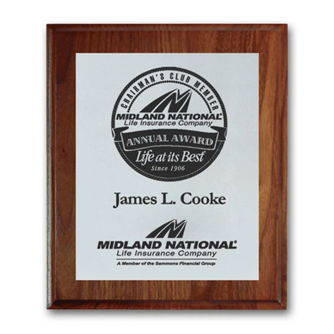 Custom Screenprinted Aluminum Plaque on Rolled-Edge Walnut for employee recognition