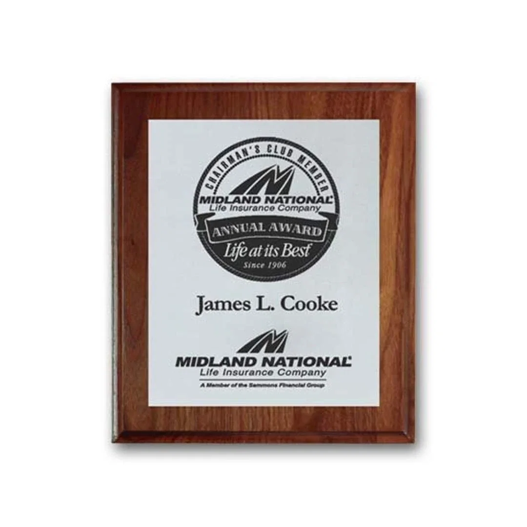 Custom Screenprinted Aluminum Plaque on Rolled-Edge Walnut for corporate award ceremonies