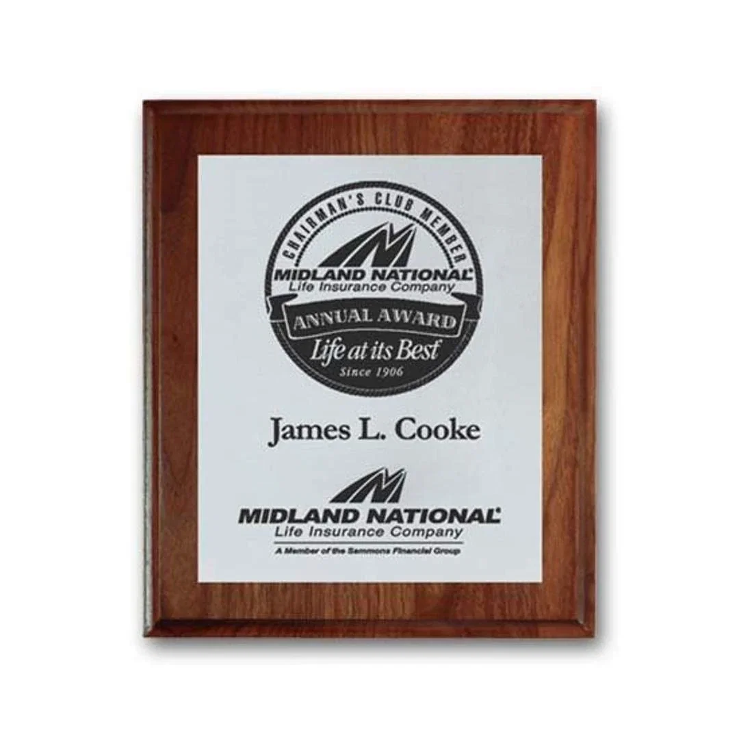Custom Screenprinted Aluminum Plaque on Rolled-Edge Walnut for service anniversary gifts