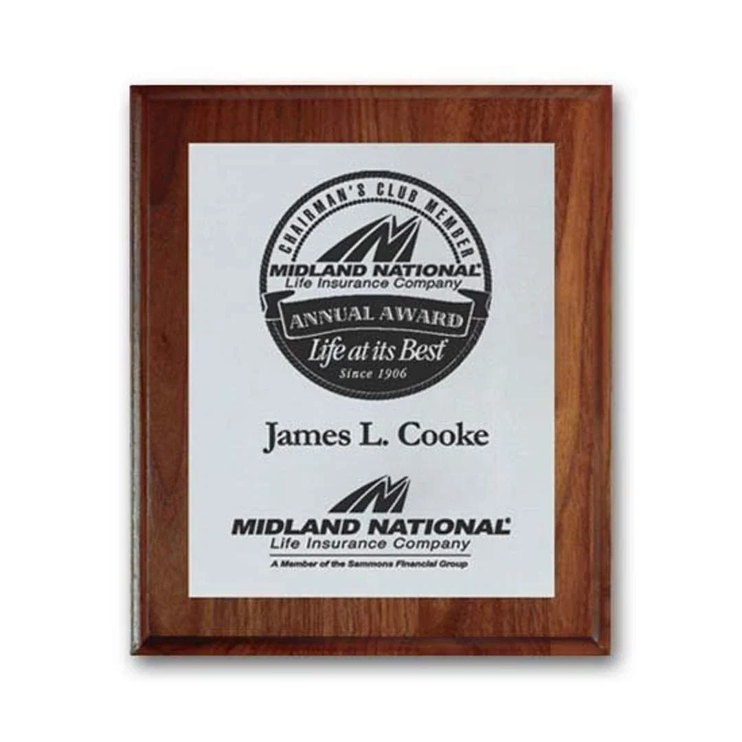 Custom Screenprinted Aluminum Plaque on Rolled-Edge Walnut for sales achievement awards