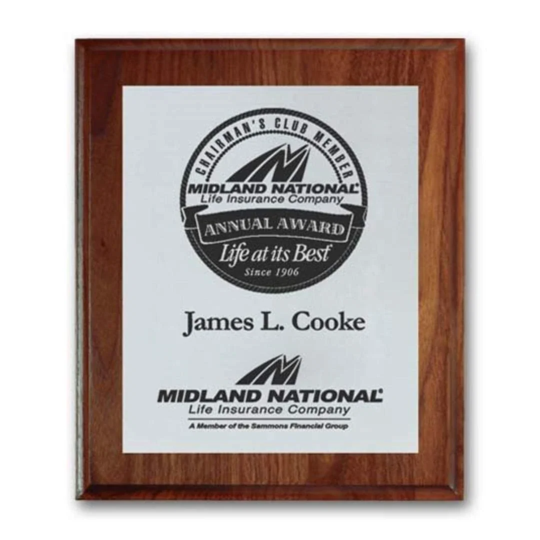 Custom Screenprinted Aluminum Plaque on Rolled-Edge Walnut for retirement presentations