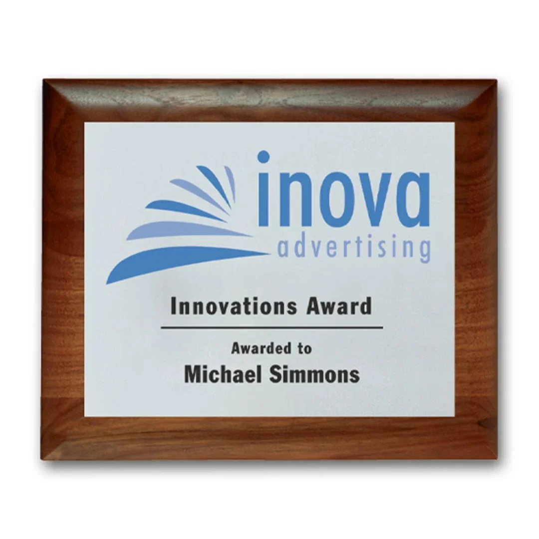 Custom Screenprinted Aluminum Plaque on Walnut Piano Finish for employee recognition