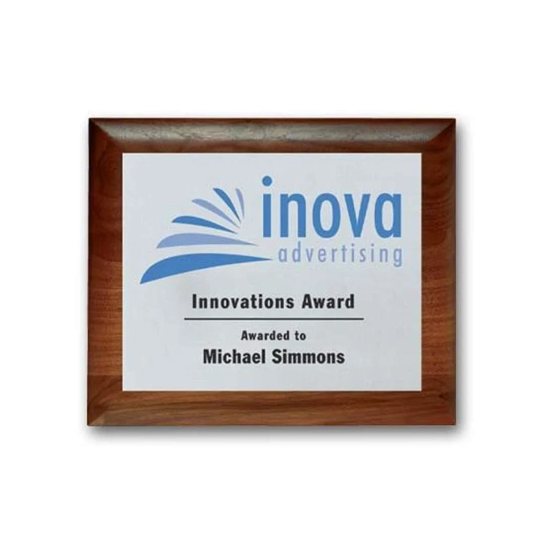 Custom Screenprinted Aluminum Plaque on Walnut Piano Finish for corporate award ceremonies