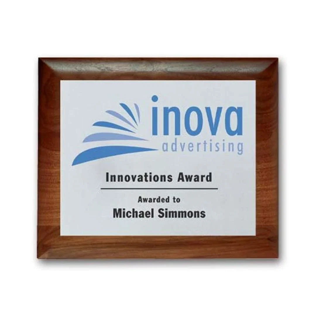 Custom Screenprinted Aluminum Plaque on Walnut Piano Finish for sales achievement awards