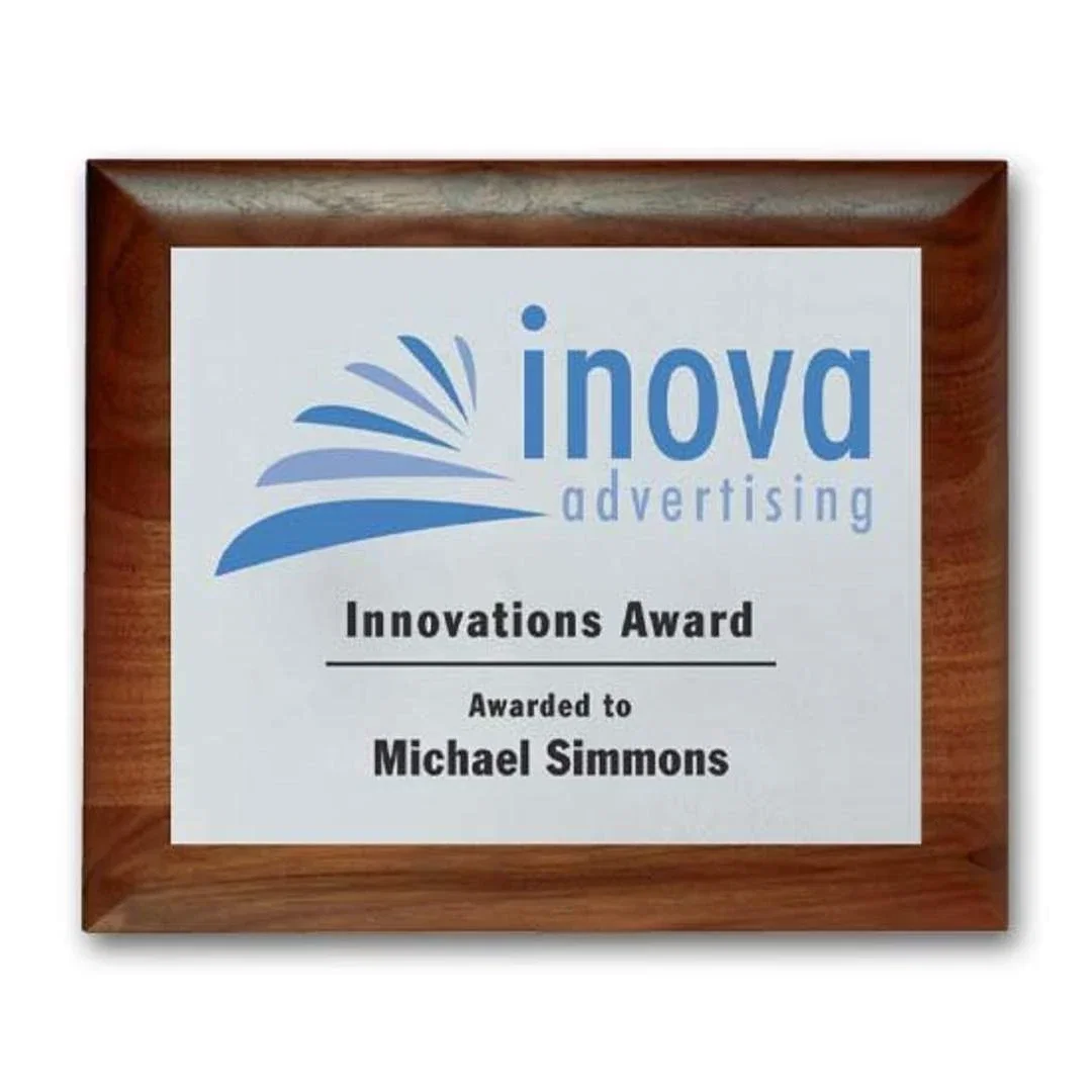 Custom Screenprinted Aluminum Plaque on Walnut Piano Finish for retirement presentations