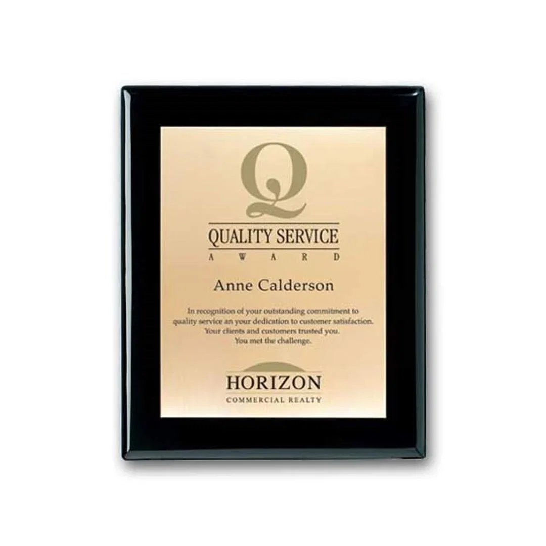 Custom Screenprinted Brass Plaque on Ebony Piano Finish for corporate award ceremonies
