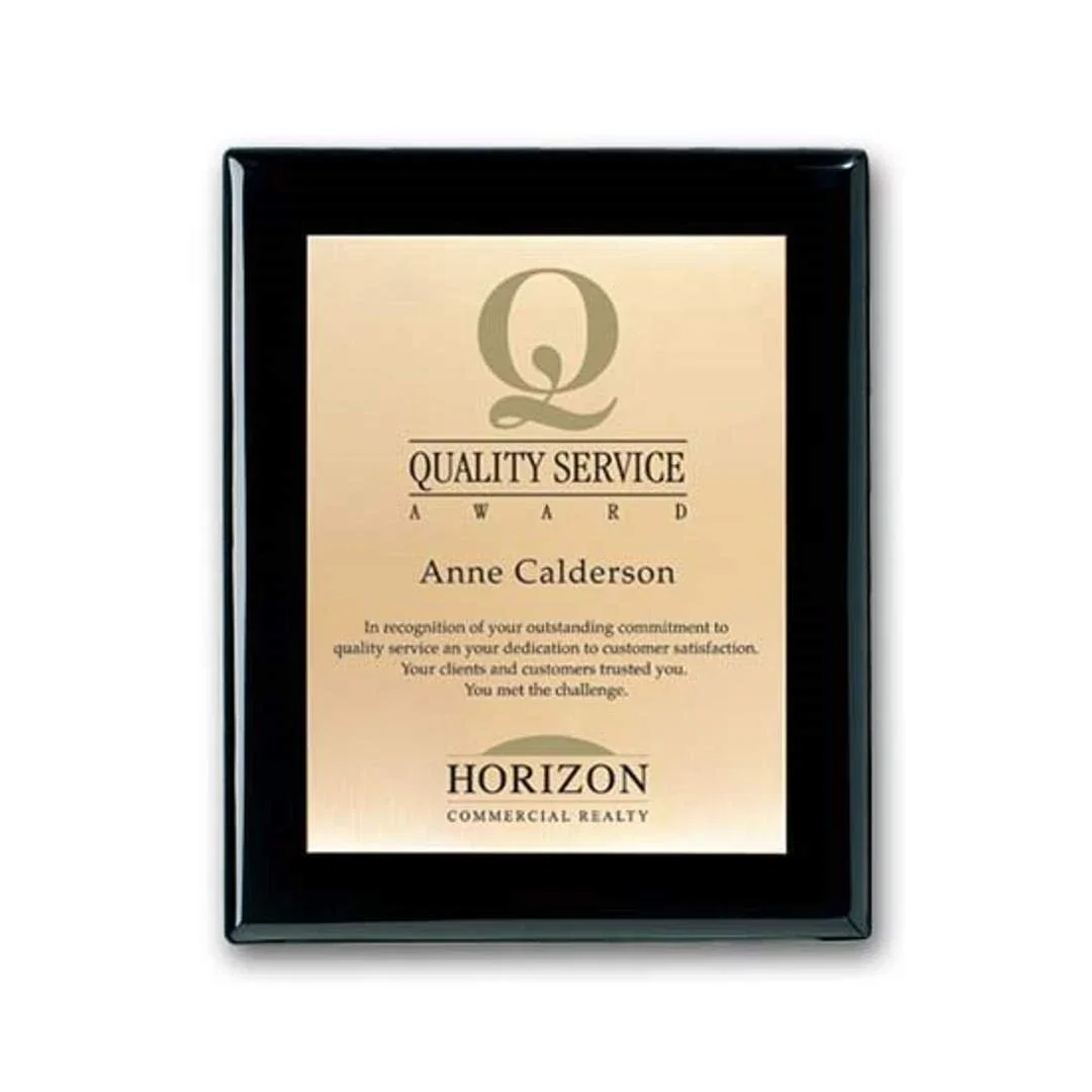 Custom Screenprinted Brass Plaque on Ebony Piano Finish for service anniversary gifts