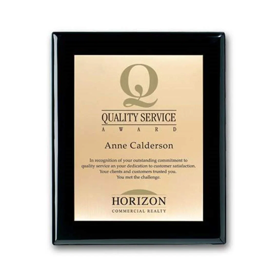 Custom Screenprinted Brass Plaque on Ebony Piano Finish for sales achievement awards