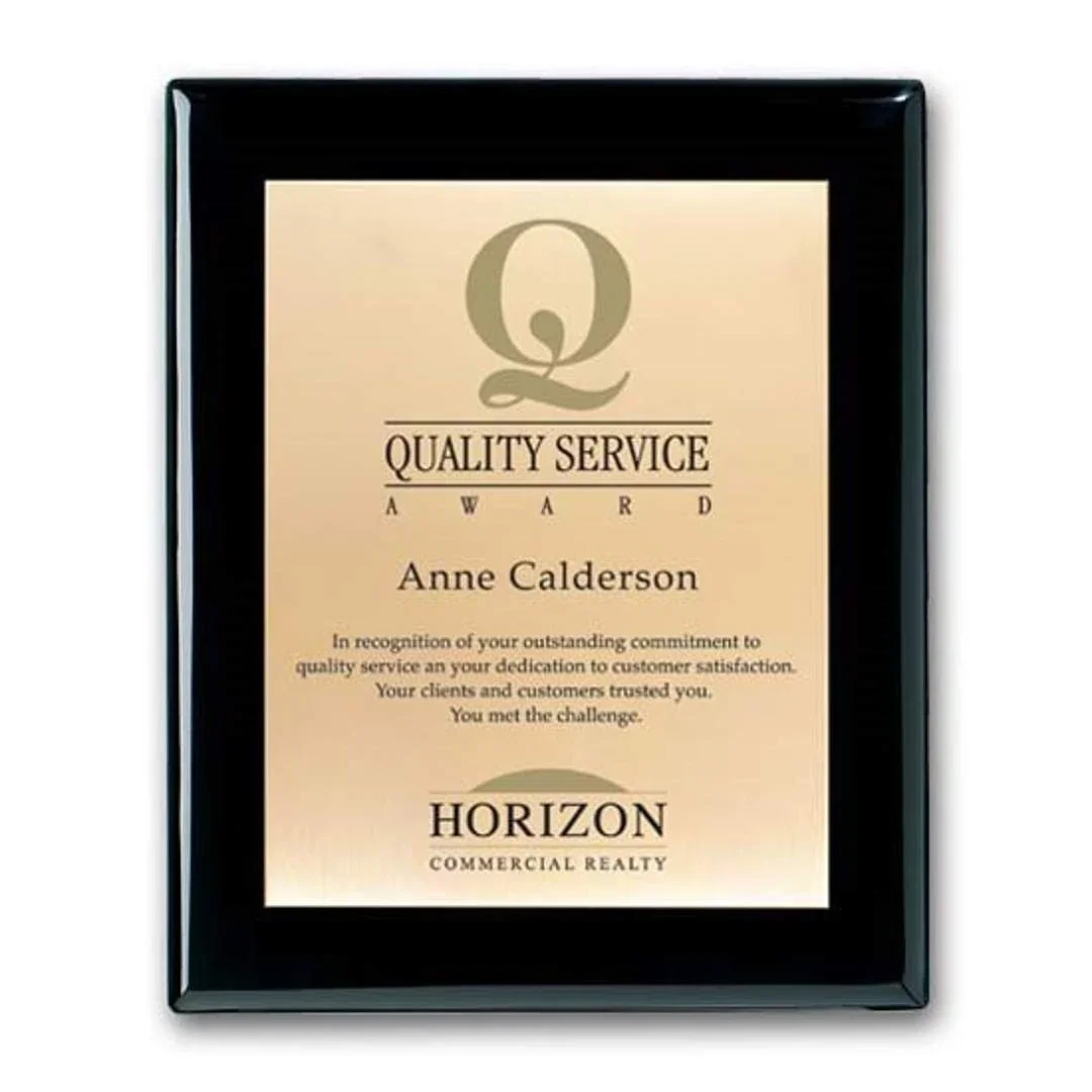 Custom Screenprinted Brass Plaque on Ebony Piano Finish for retirement presentations