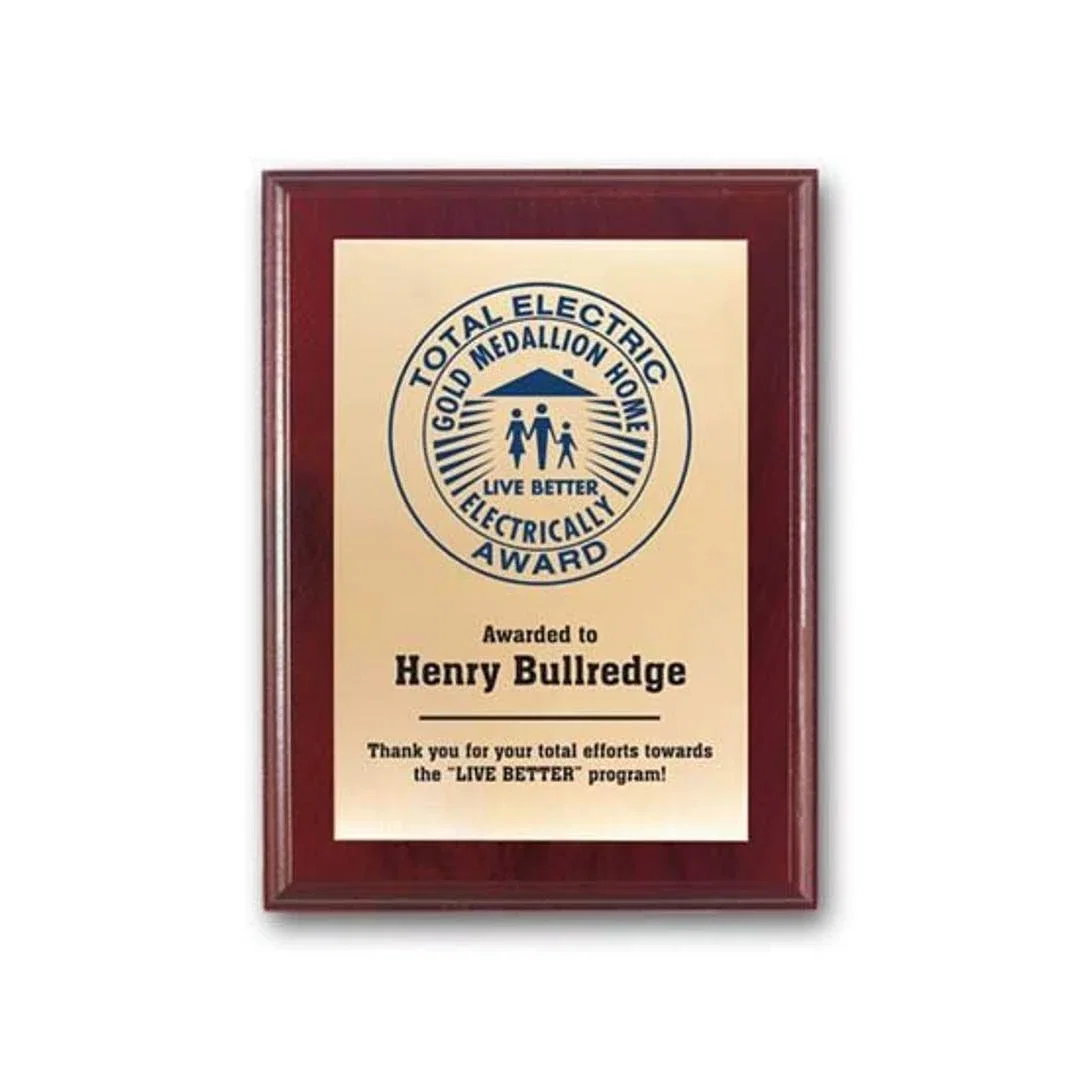 Custom Screenprinted Brass Plaque on Mahogany Walnut for corporate award ceremonies
