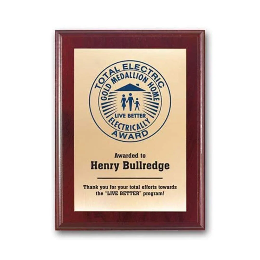 Custom Screenprinted Brass Plaque on Mahogany Walnut for sales achievement awards