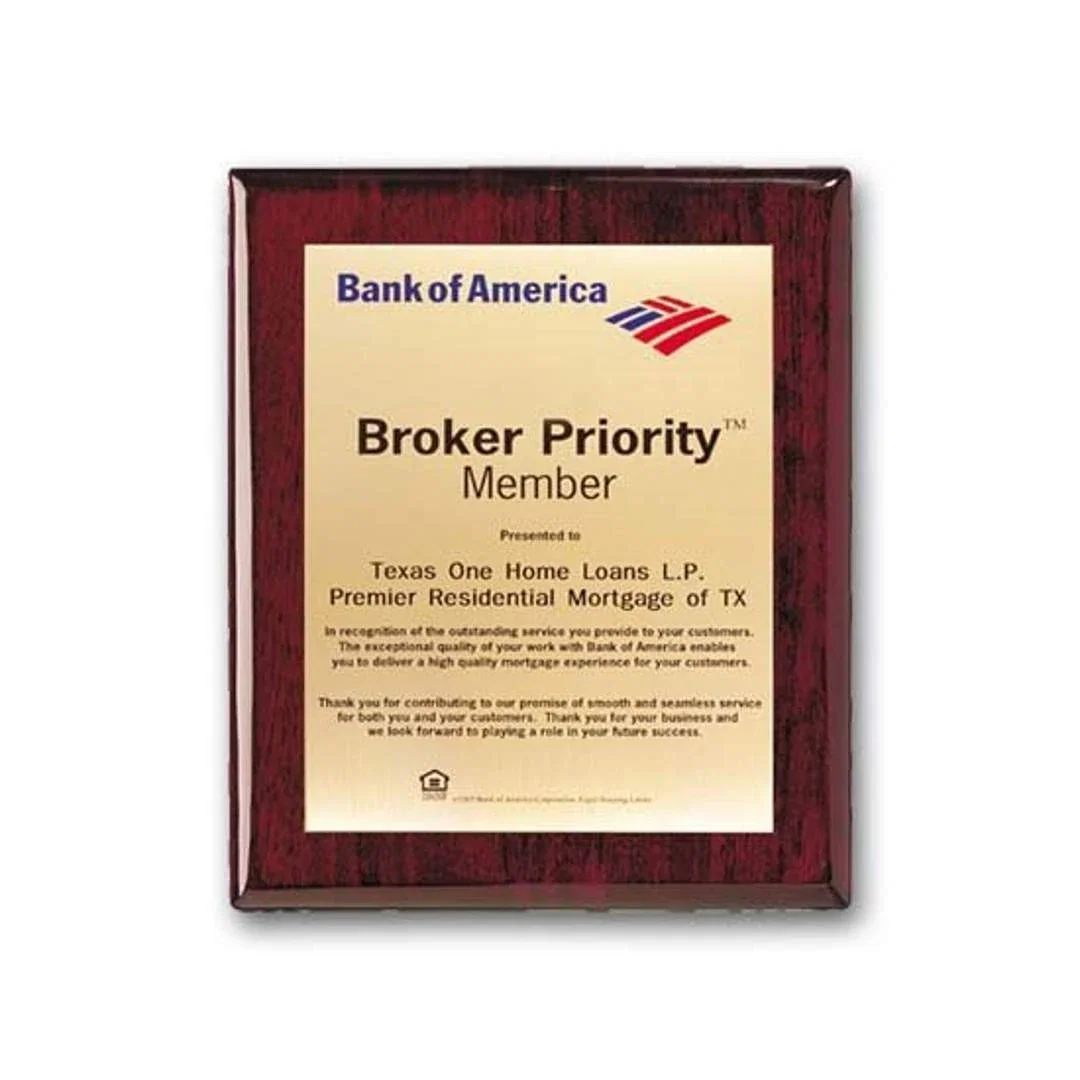 Custom Screenprinted Brass Plaque on Rosewood Piano Finish for corporate award ceremonies