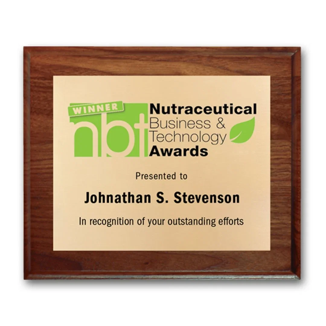 Custom Screenprinted Brass Plaque on Cove-Edge Walnut for employee recognition