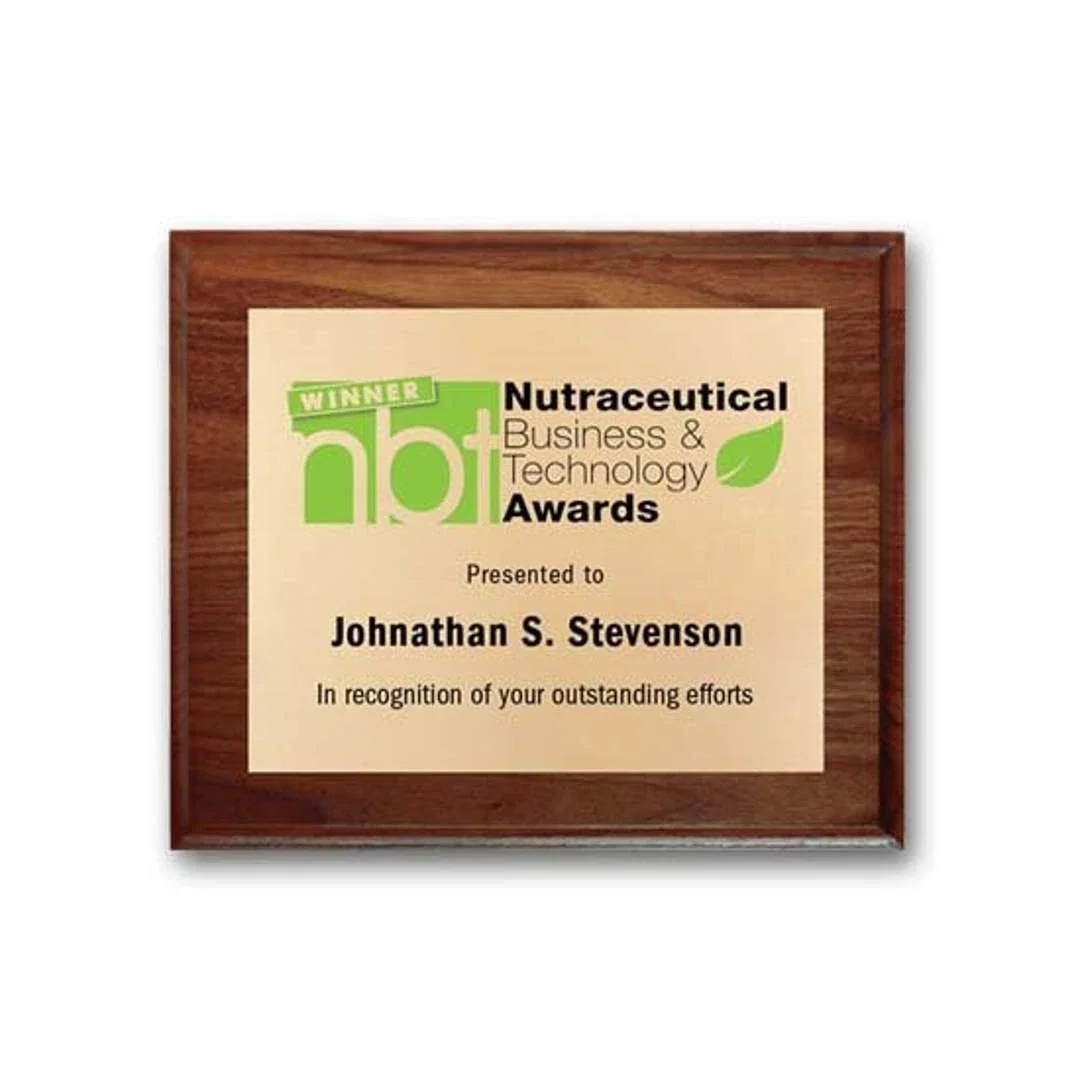 Custom Screenprinted Brass Plaque on Cove-Edge Walnut for corporate award ceremonies