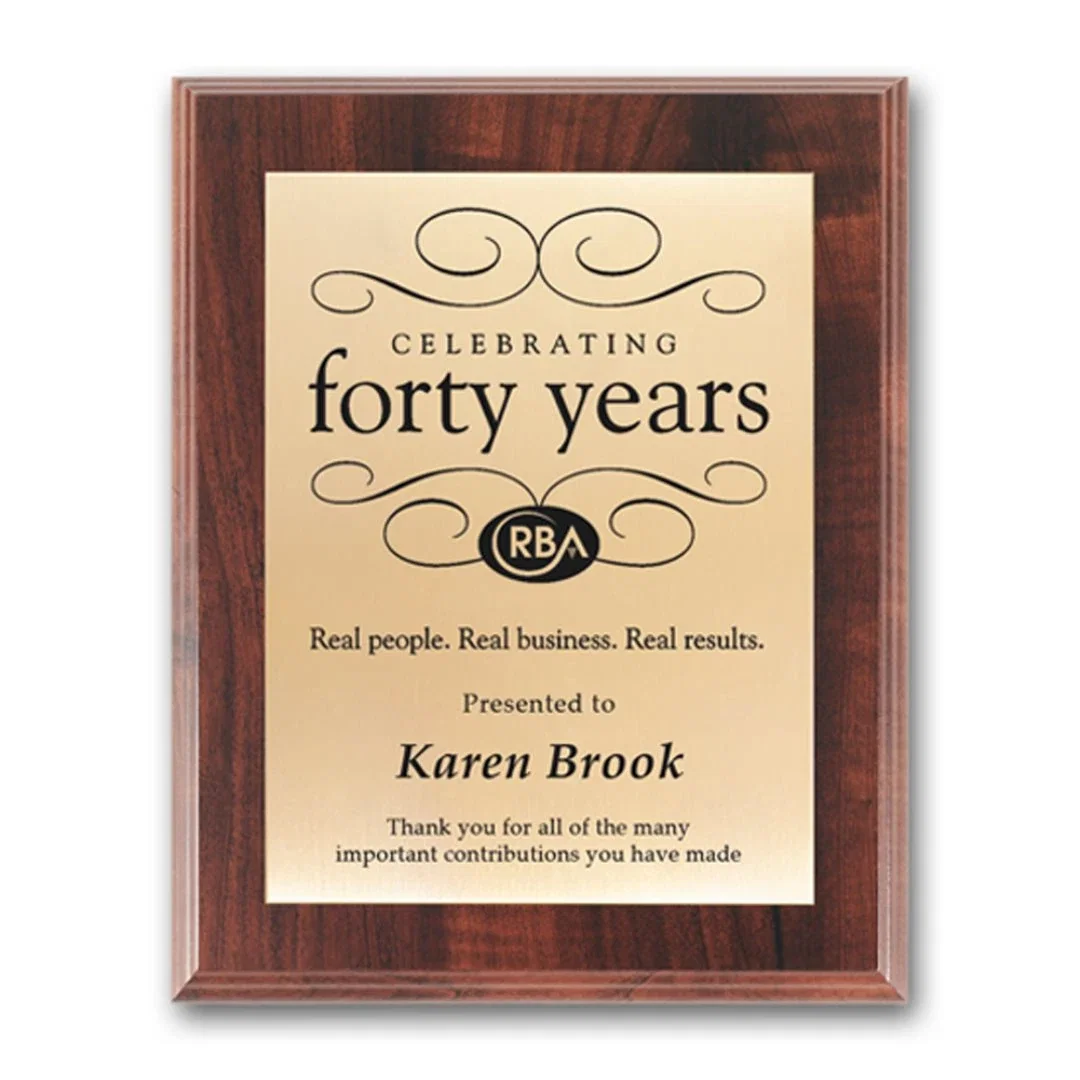 Custom Screenprinted Brass Plaque on Simulated Walnut for employee recognition
