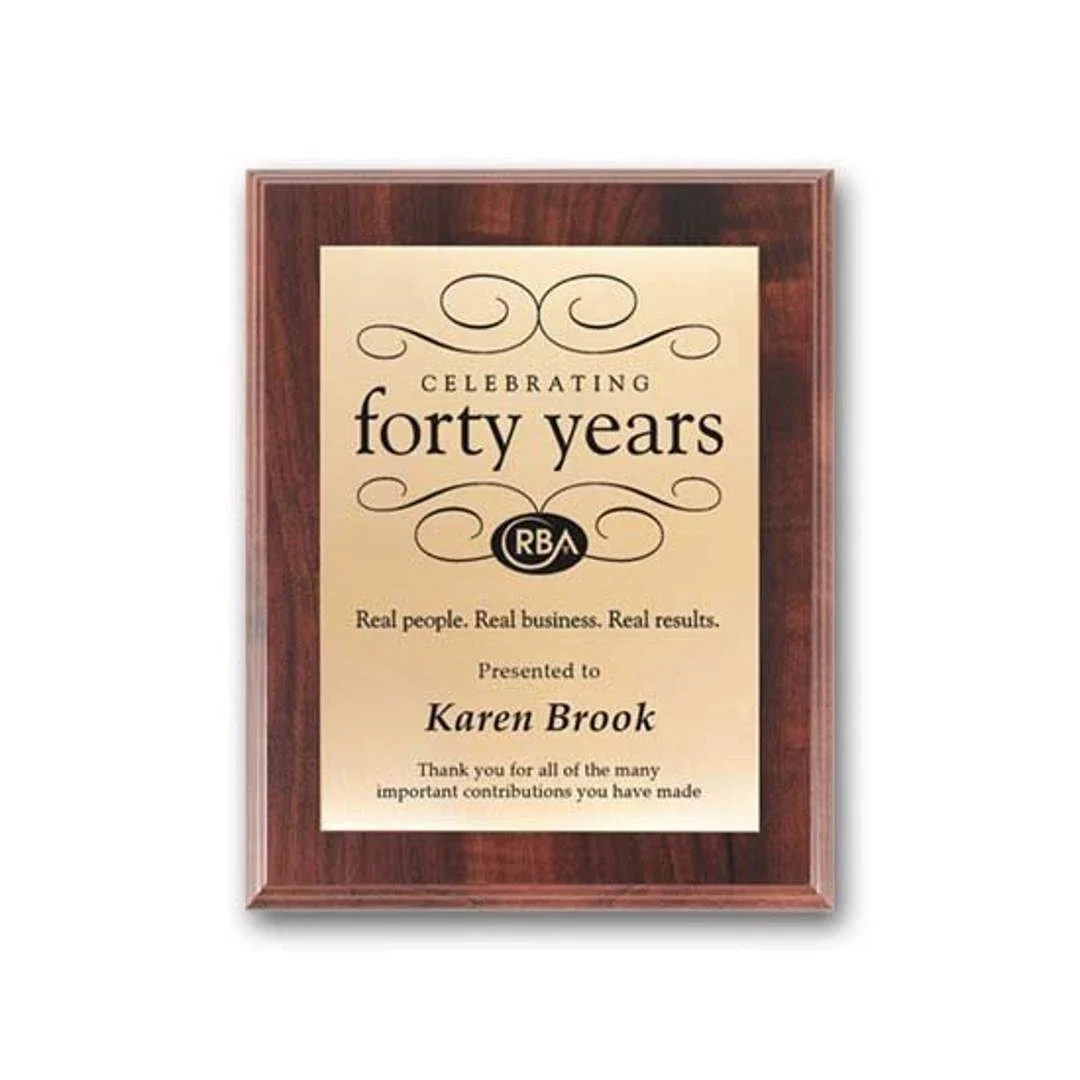 Custom Screenprinted Brass Plaque on Simulated Walnut for corporate award ceremonies