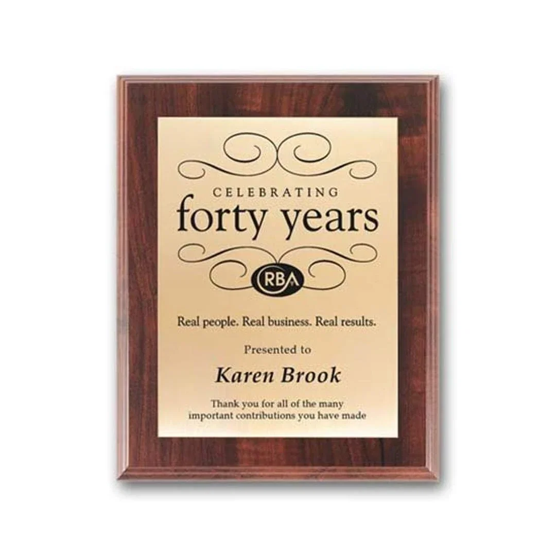 Custom Screenprinted Brass Plaque on Simulated Walnut for service anniversary gifts