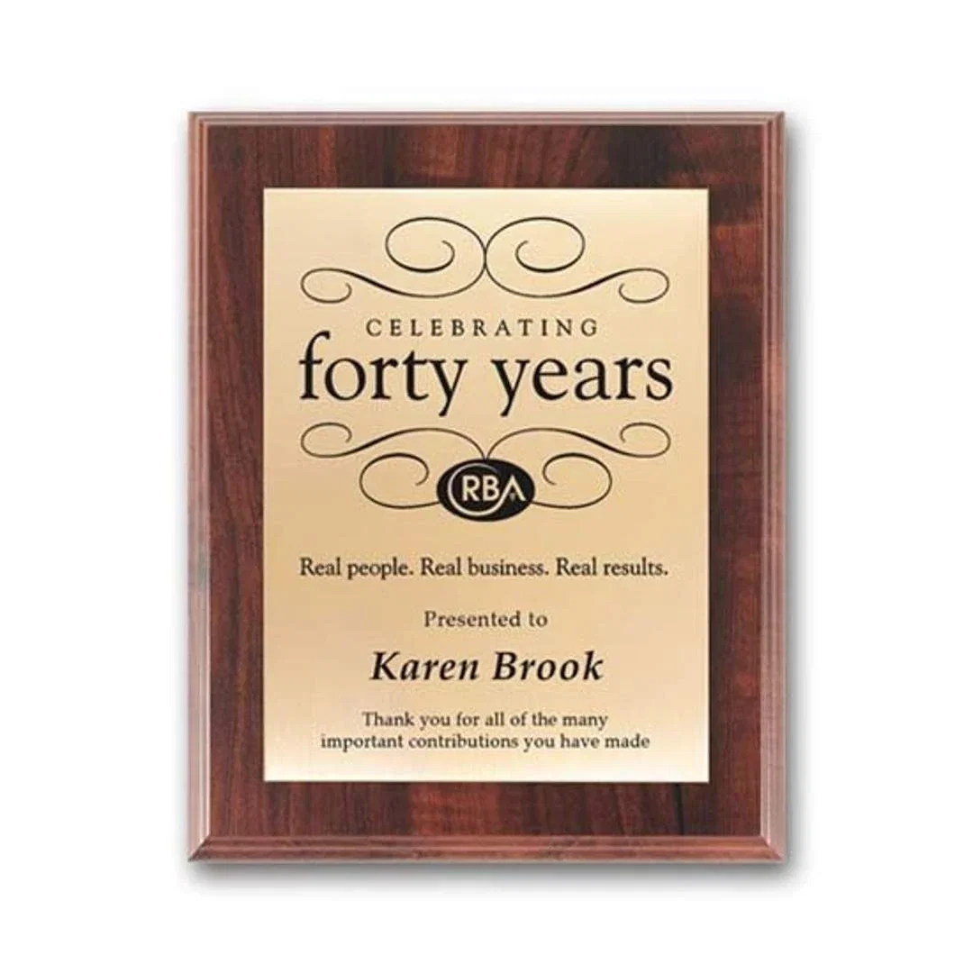 Custom Screenprinted Brass Plaque on Simulated Walnut for sales achievement awards