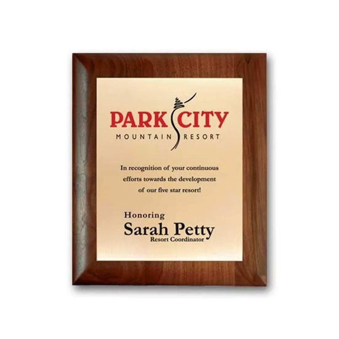 Custom Screenprinted Brass Plaque on Rolled-Edge Walnut for corporate award ceremonies