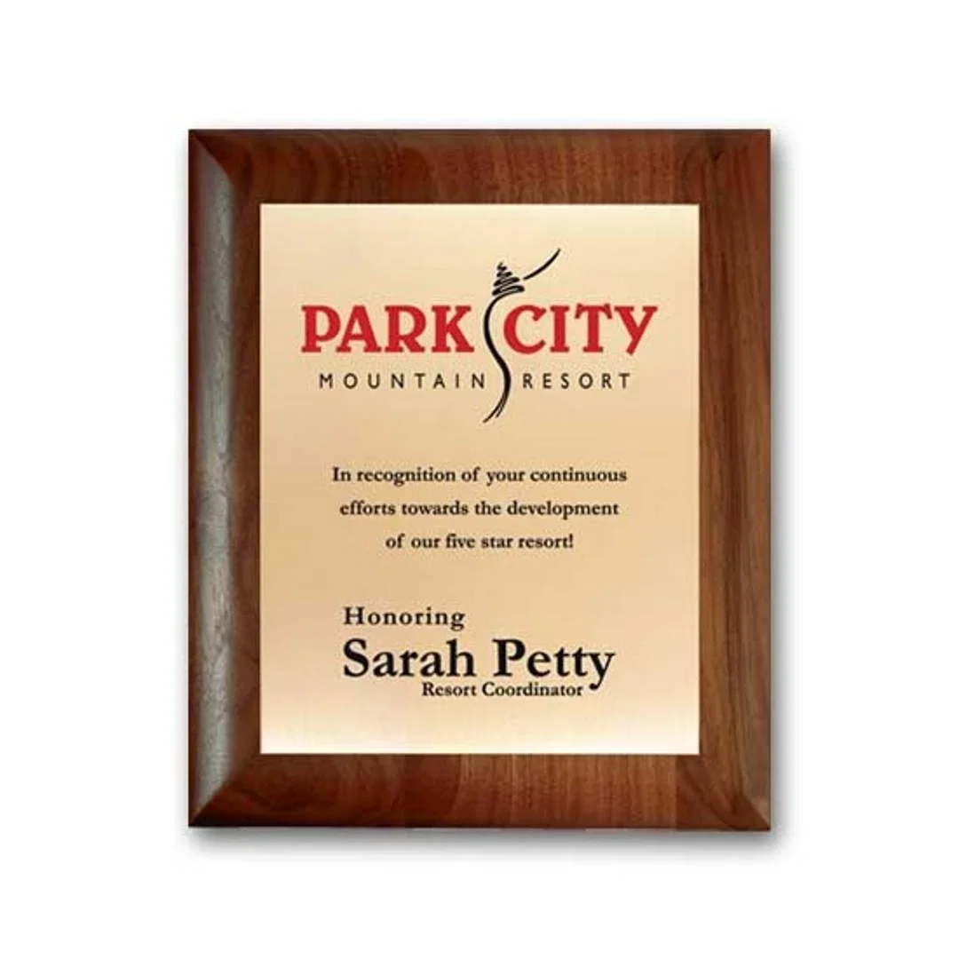 Custom Screenprinted Brass Plaque on Rolled-Edge Walnut for service anniversary gifts