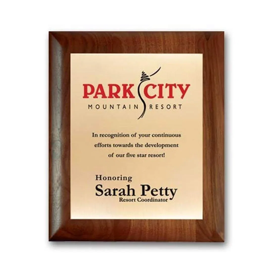 Custom Screenprinted Brass Plaque on Rolled-Edge Walnut for sales achievement awards
