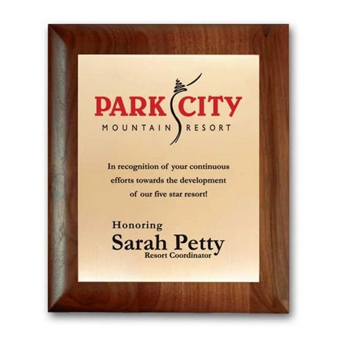 Custom Screenprinted Brass Plaque on Rolled-Edge Walnut for retirement presentations