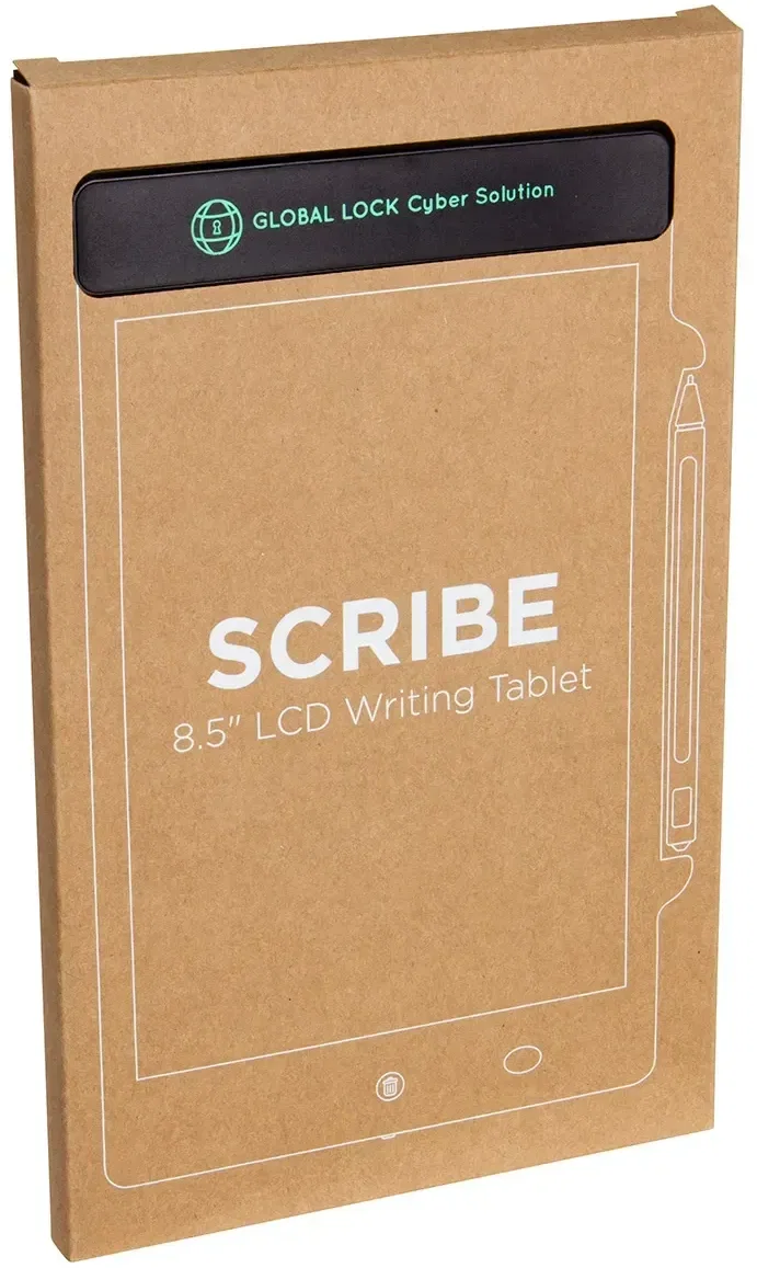 Custom logo Scribe LCD writing tablet with handwriting on screen, top view