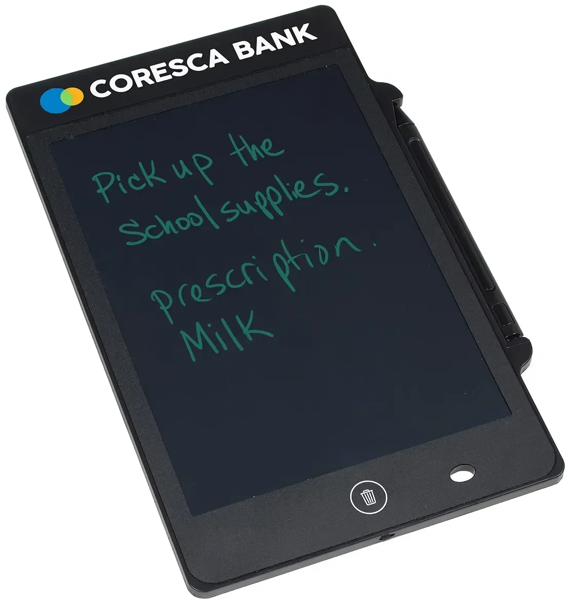 Branded Scribe 8.5 inch writing tablet, stylus and erase button detail