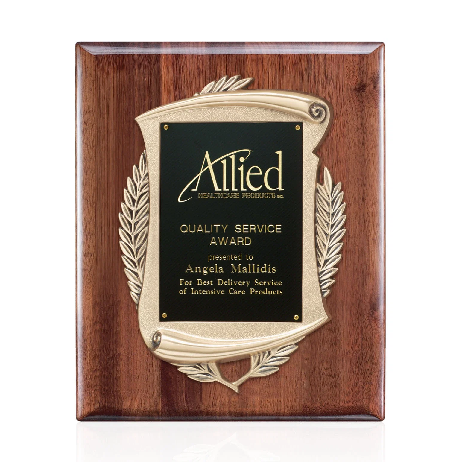 Custom Antique Bronze Cast Scroll Plaque on Solid American Walnut for employee recognition