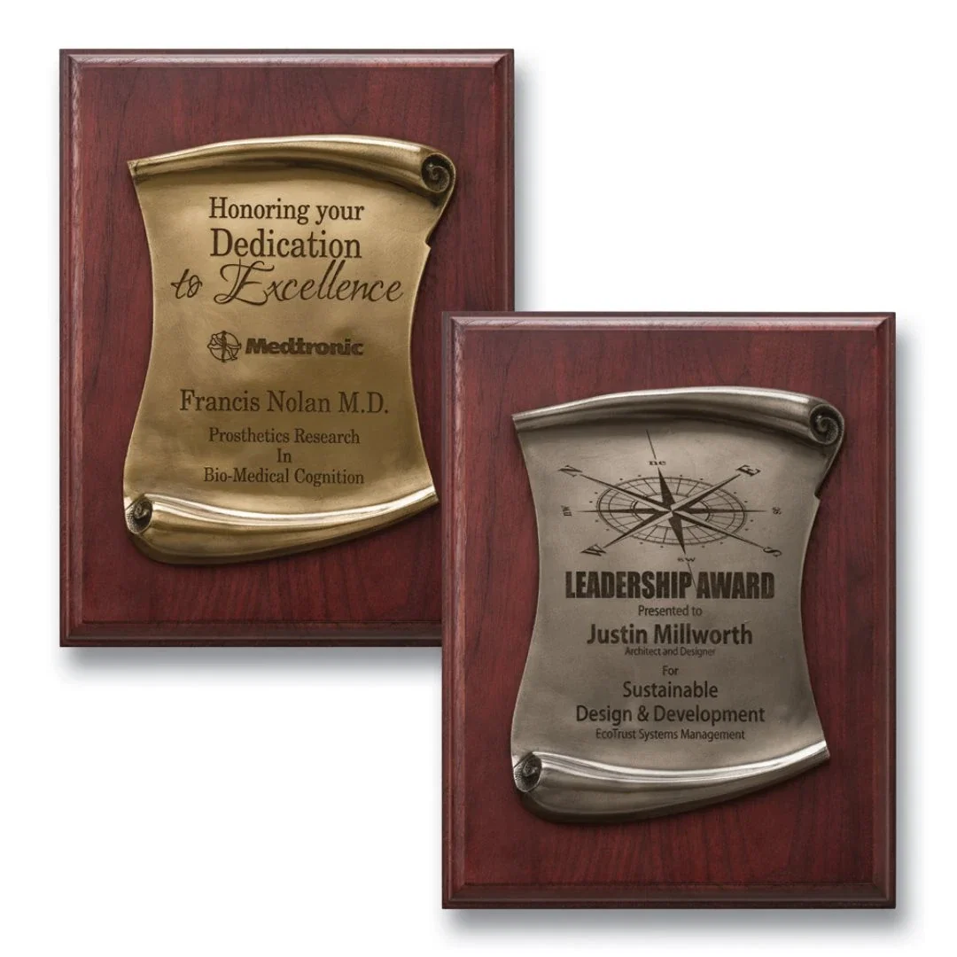 Custom Stonecast scroll wall plaque, spot-buffed antique finish on walnut, marble for employee recognition