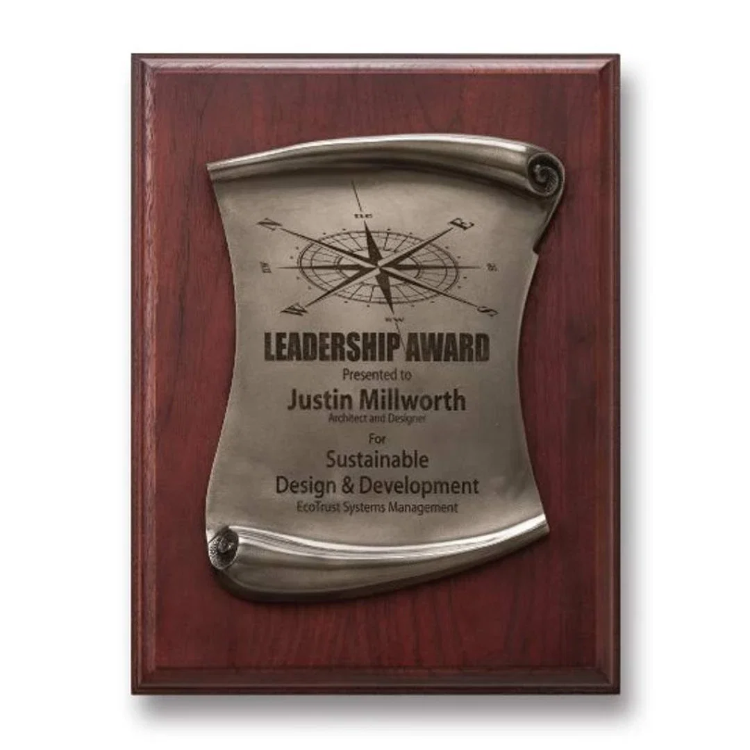 Custom Stonecast scroll wall plaque, spot-buffed antique finish on walnut, marble for service anniversary gifts
