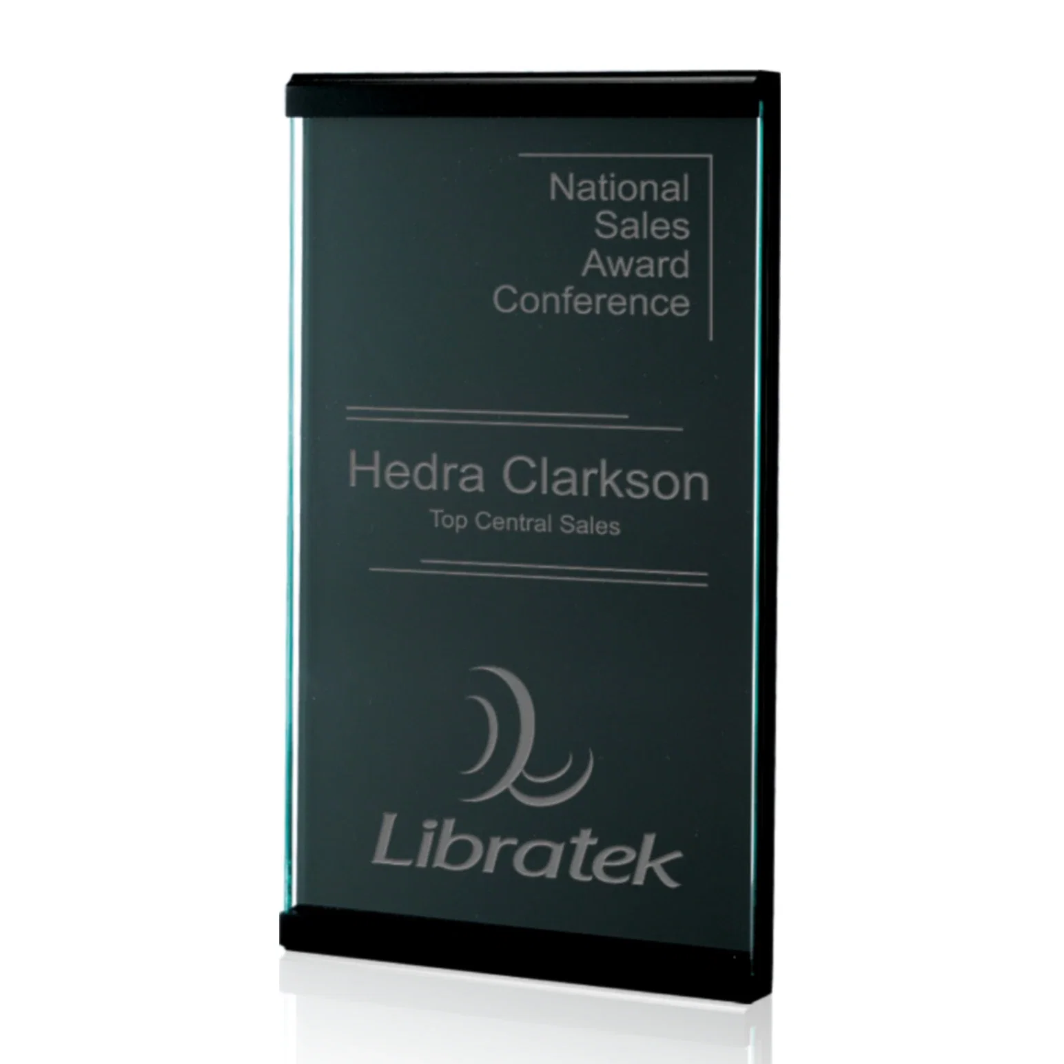 Custom Jade Glass Scroll Wall Plaque with a Grooved MDF Backing for employee recognition