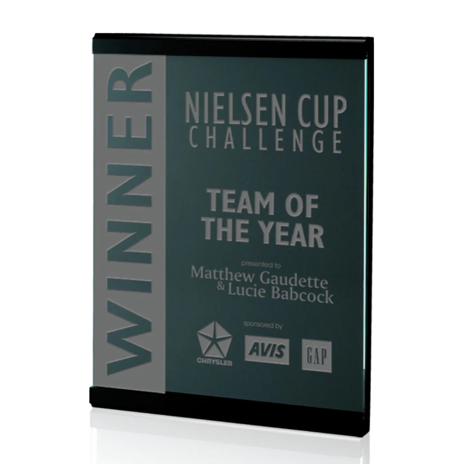Custom Jade Glass Scroll Wall Plaque with a Grooved MDF Backing for corporate award ceremonies