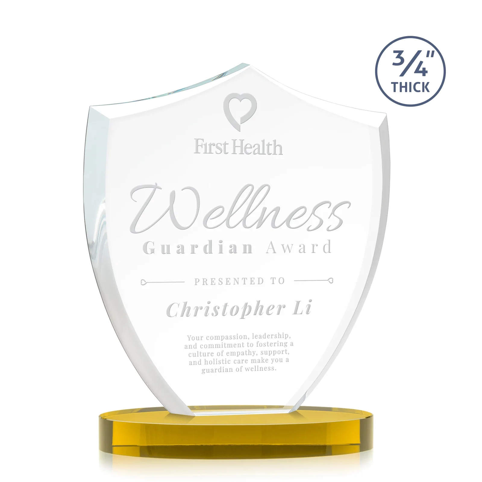 Custom Starfire Crystal Shield Award on Rounded Oval Base, awards for company anniversary events