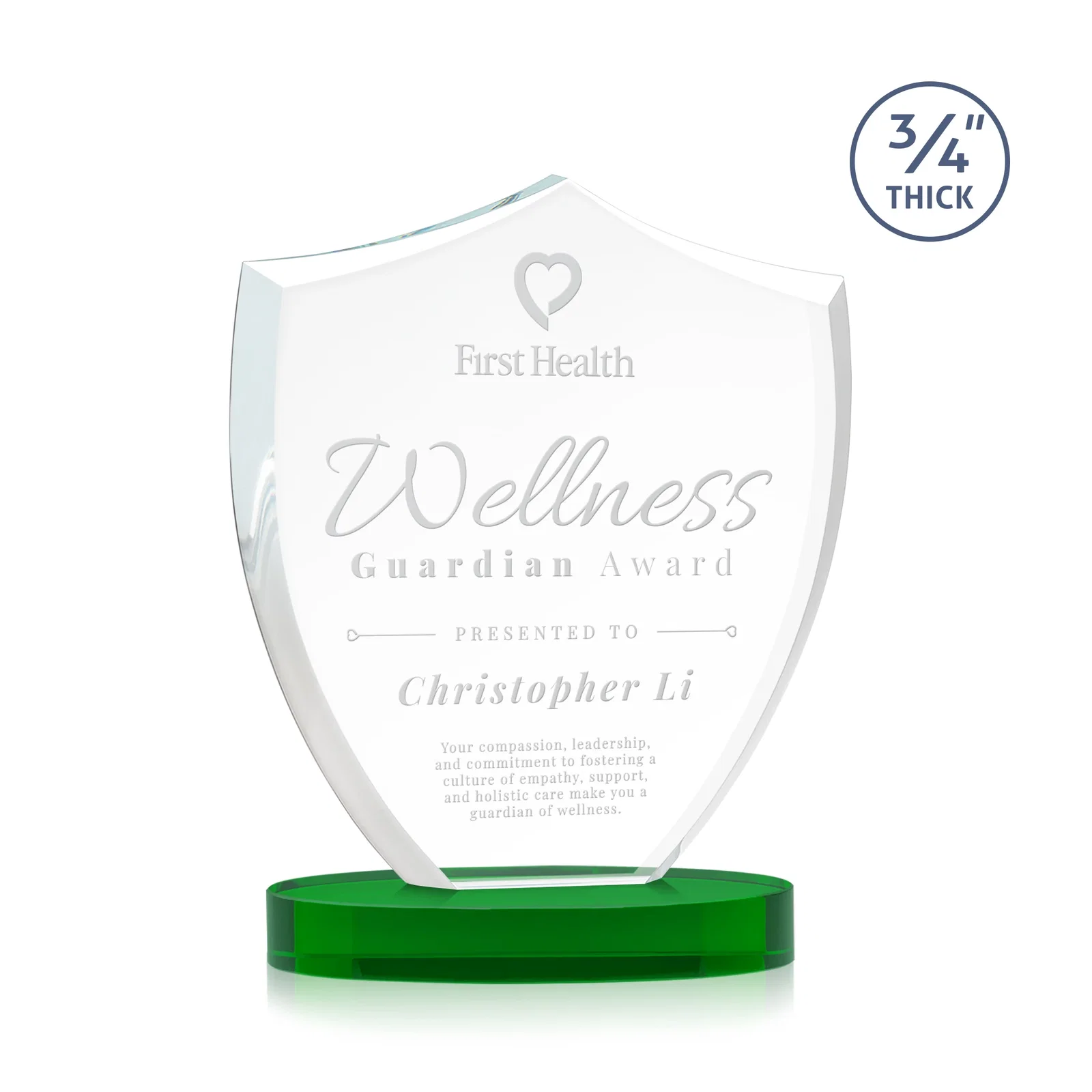 Personalized Starfire Crystal Shield Award on Rounded Oval Base, awards for service anniversary gifts