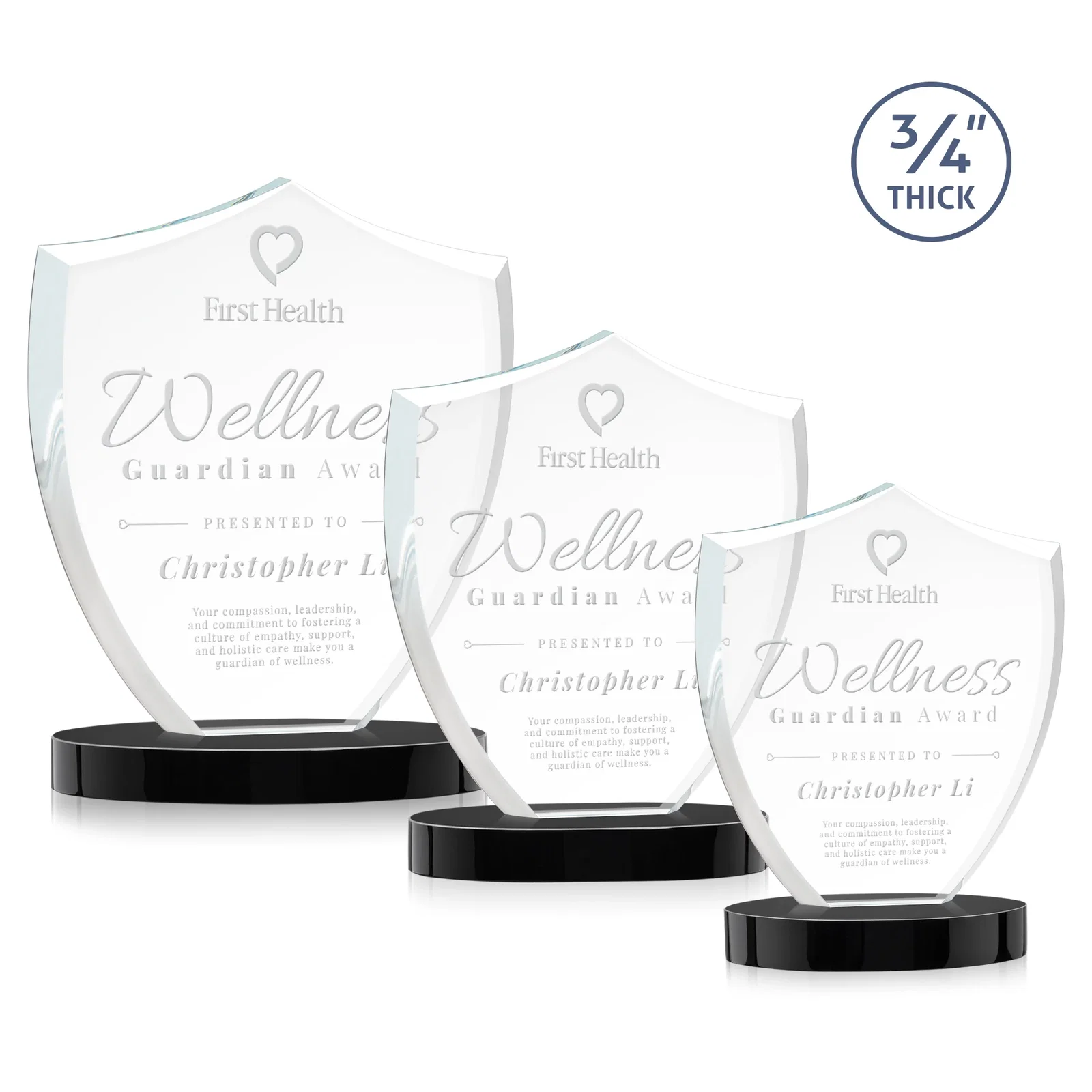 Personalized Starfire Crystal Shield Award on Rounded Oval Base, awards for retirement presentations