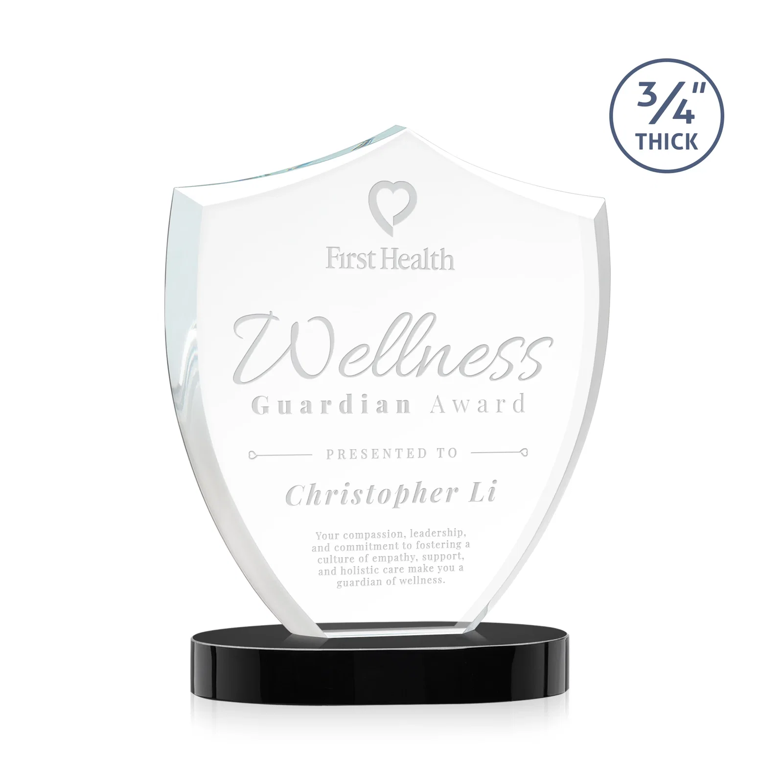 Personalized Starfire Crystal Shield Award on Rounded Oval Base, awards for donor appreciation