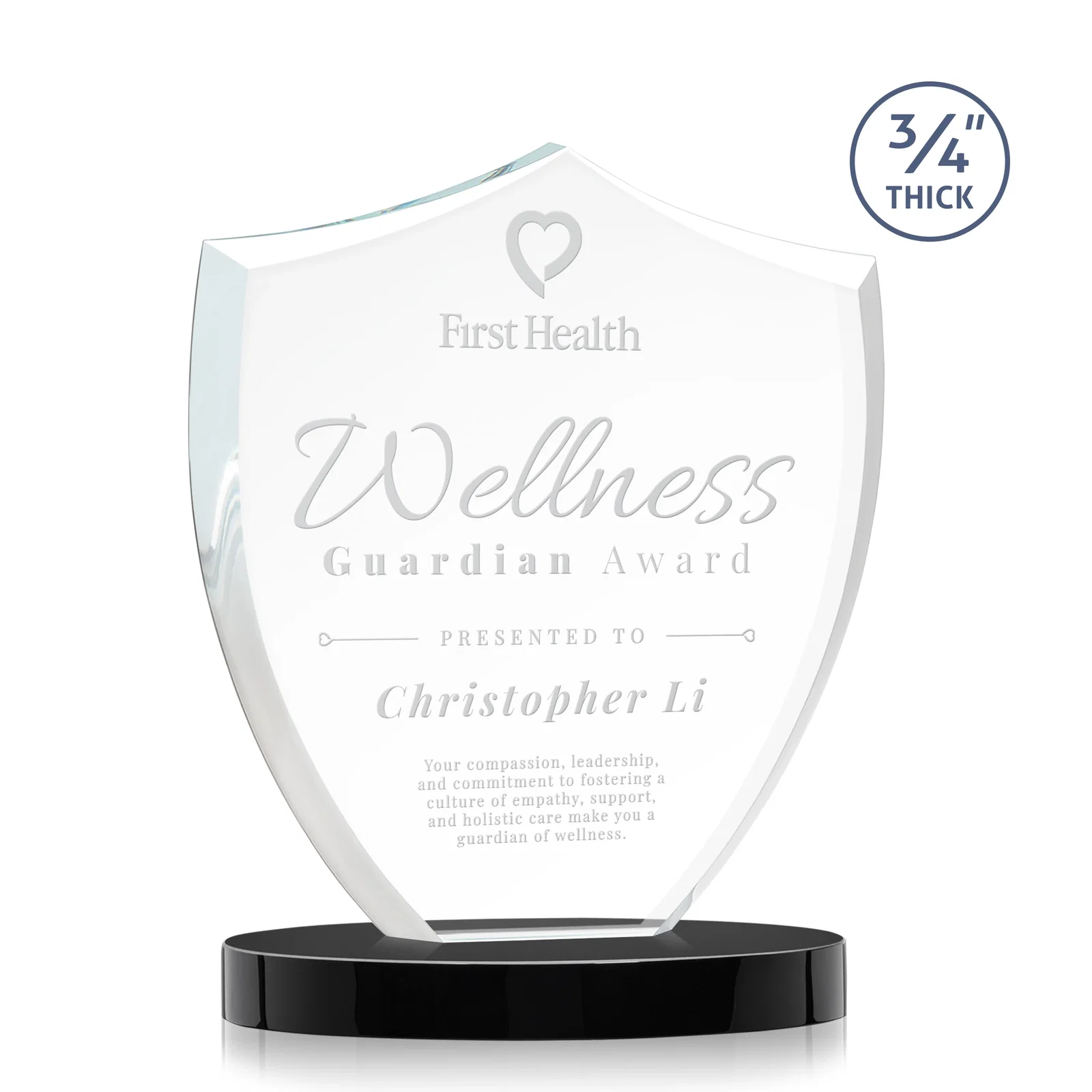 Personalized Starfire Crystal Shield Award on Rounded Oval Base, awards for graduation ceremonies