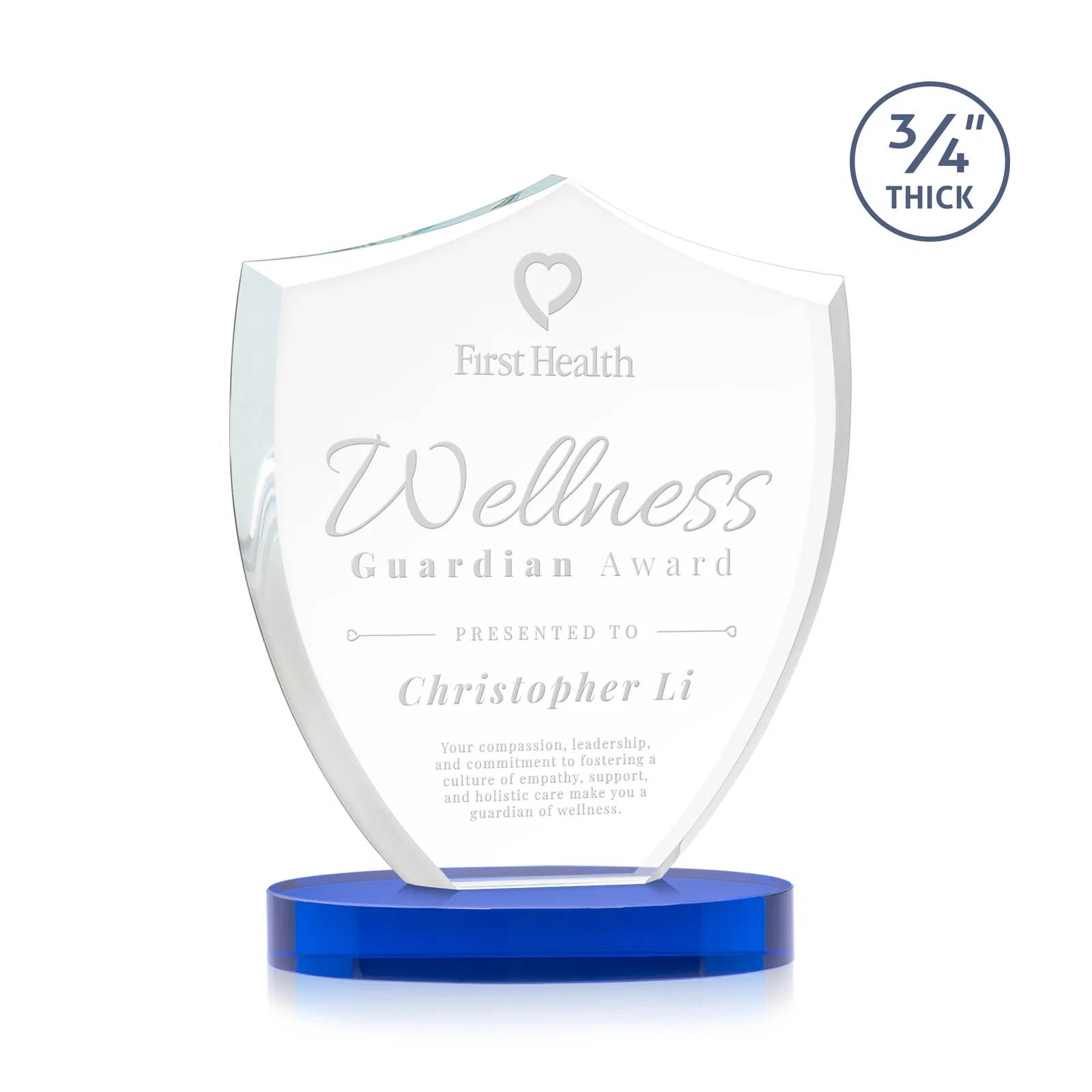 Personalized Starfire Crystal Shield Award on Rounded Oval Base, awards for dealer and partner awards
