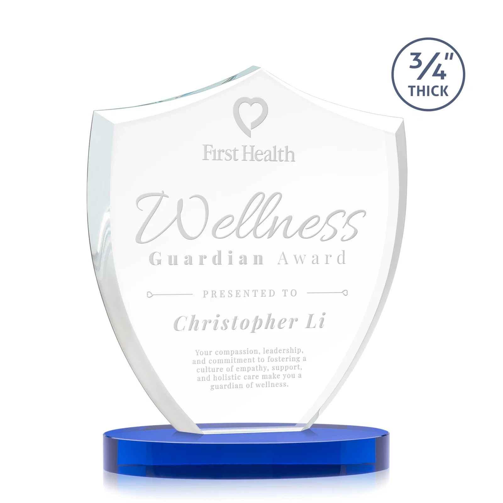 Personalized Starfire Crystal Shield Award on Rounded Oval Base, awards for company anniversary events