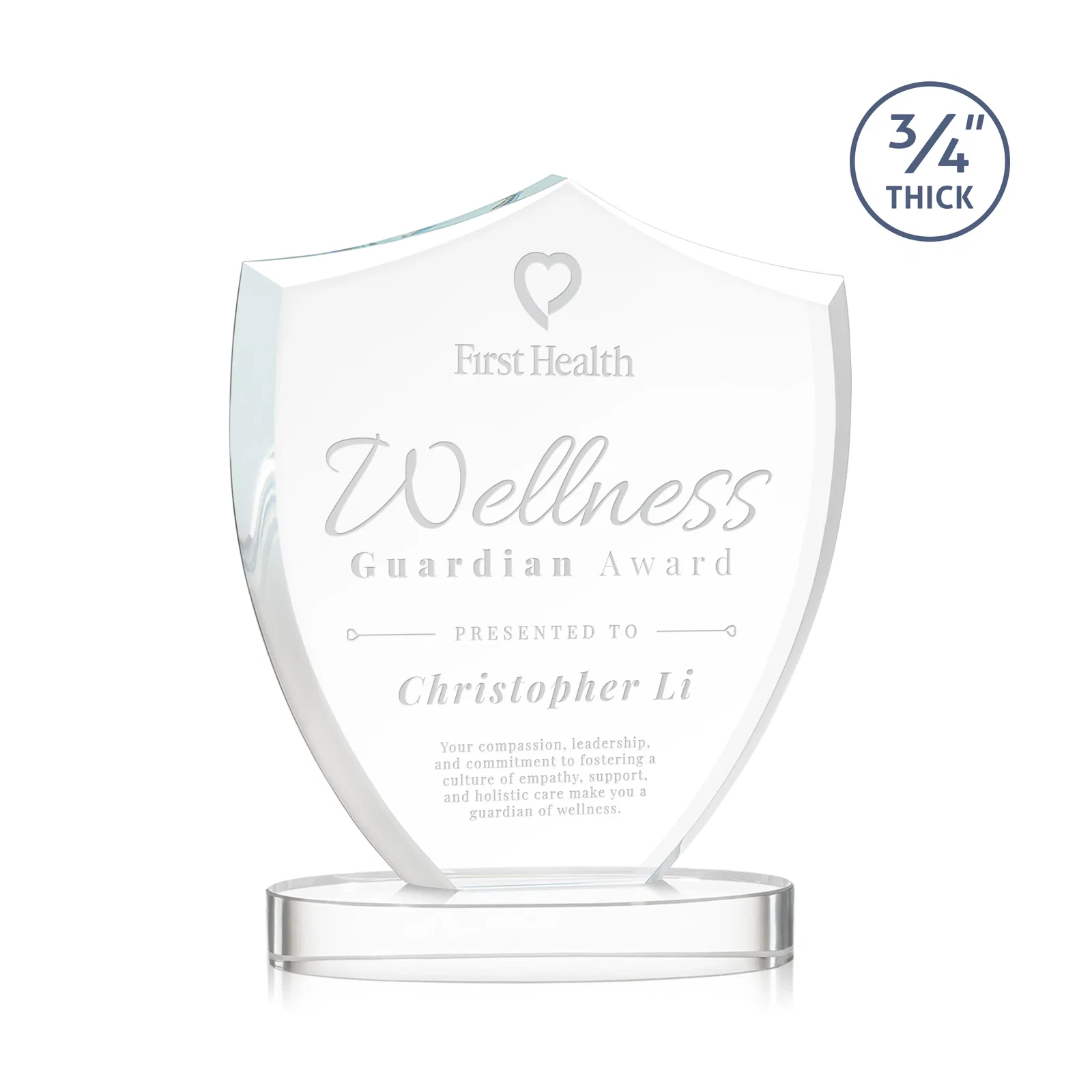 Custom Starfire Crystal Shield Award on Rounded Oval Base, awards for service anniversary gifts