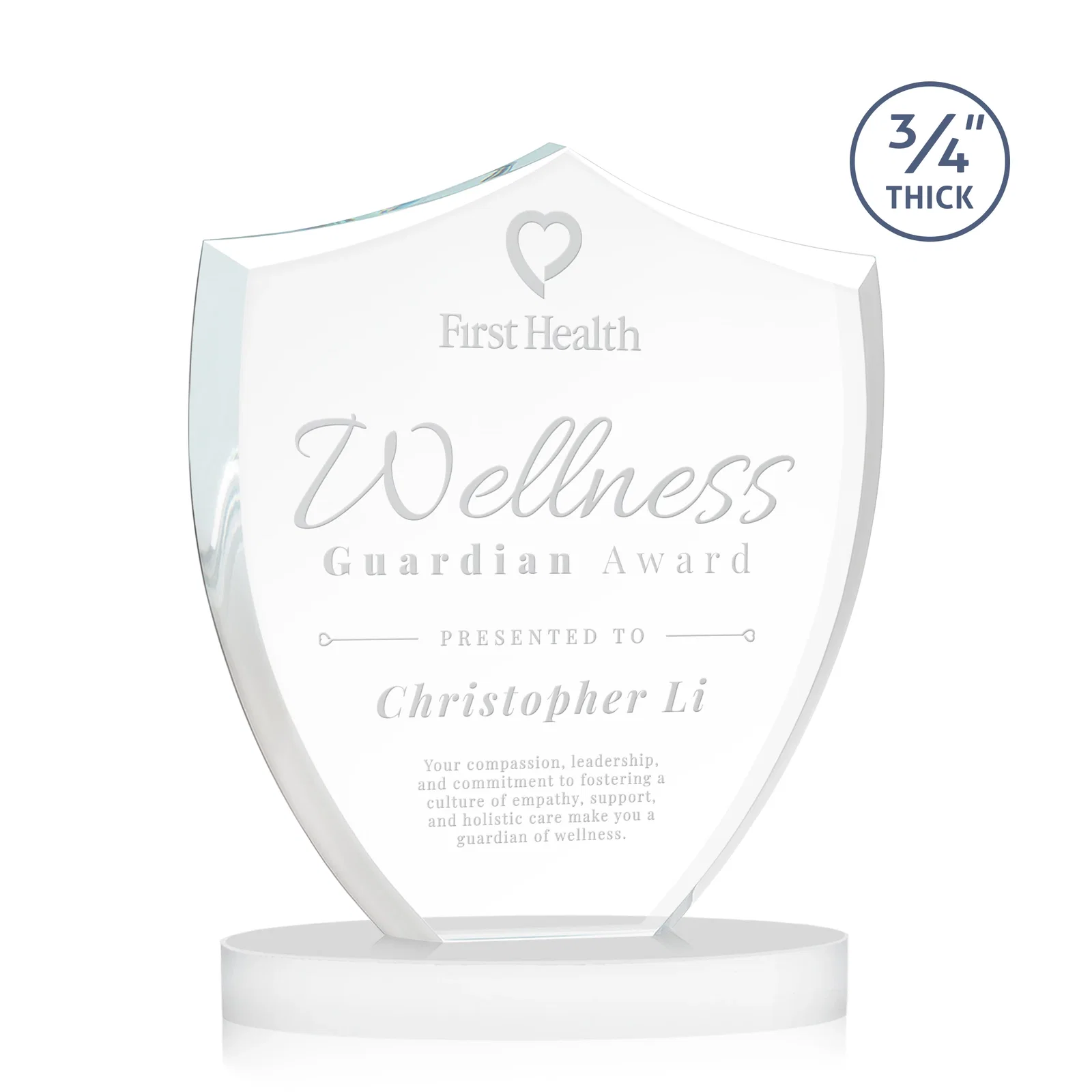 Promotional Starfire Crystal Shield Award on Rounded Oval Base, awards for company anniversary events
