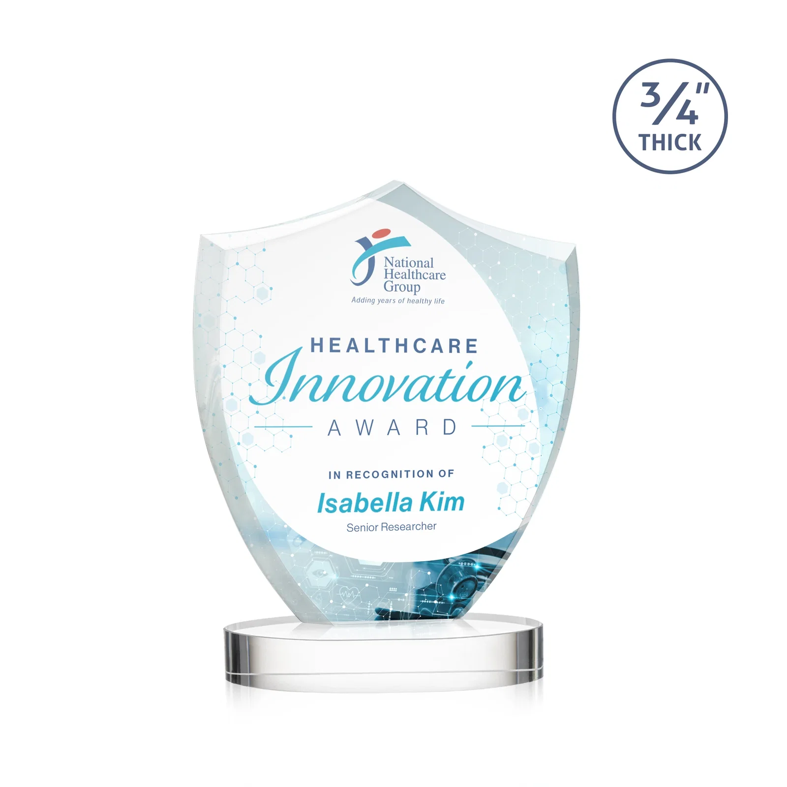 Branded Starfire Crystal Shield Award on Rounded Oval Base, awards for corporate award ceremonies