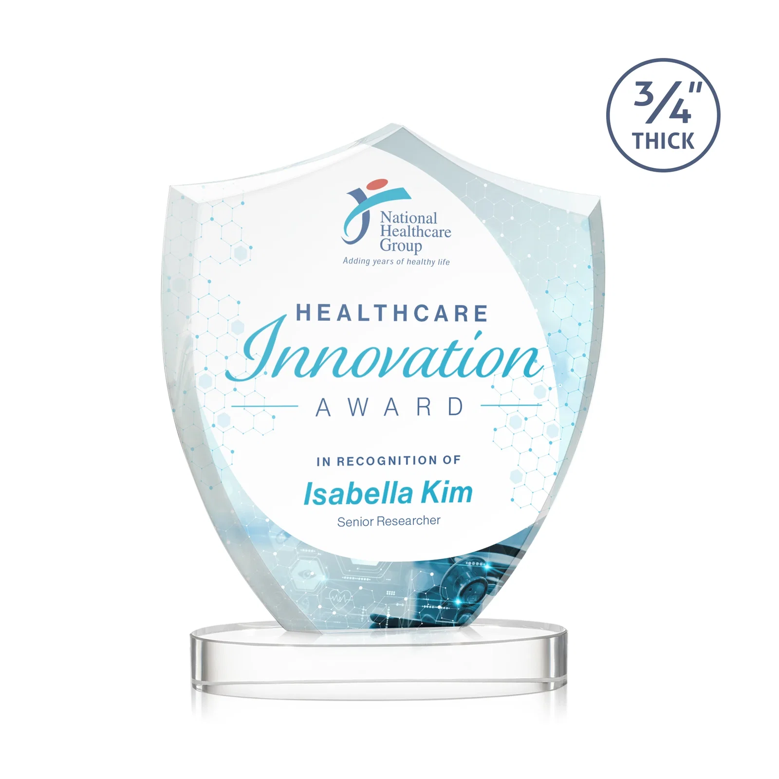 Branded Starfire Crystal Shield Award on Rounded Oval Base, awards for service anniversary gifts