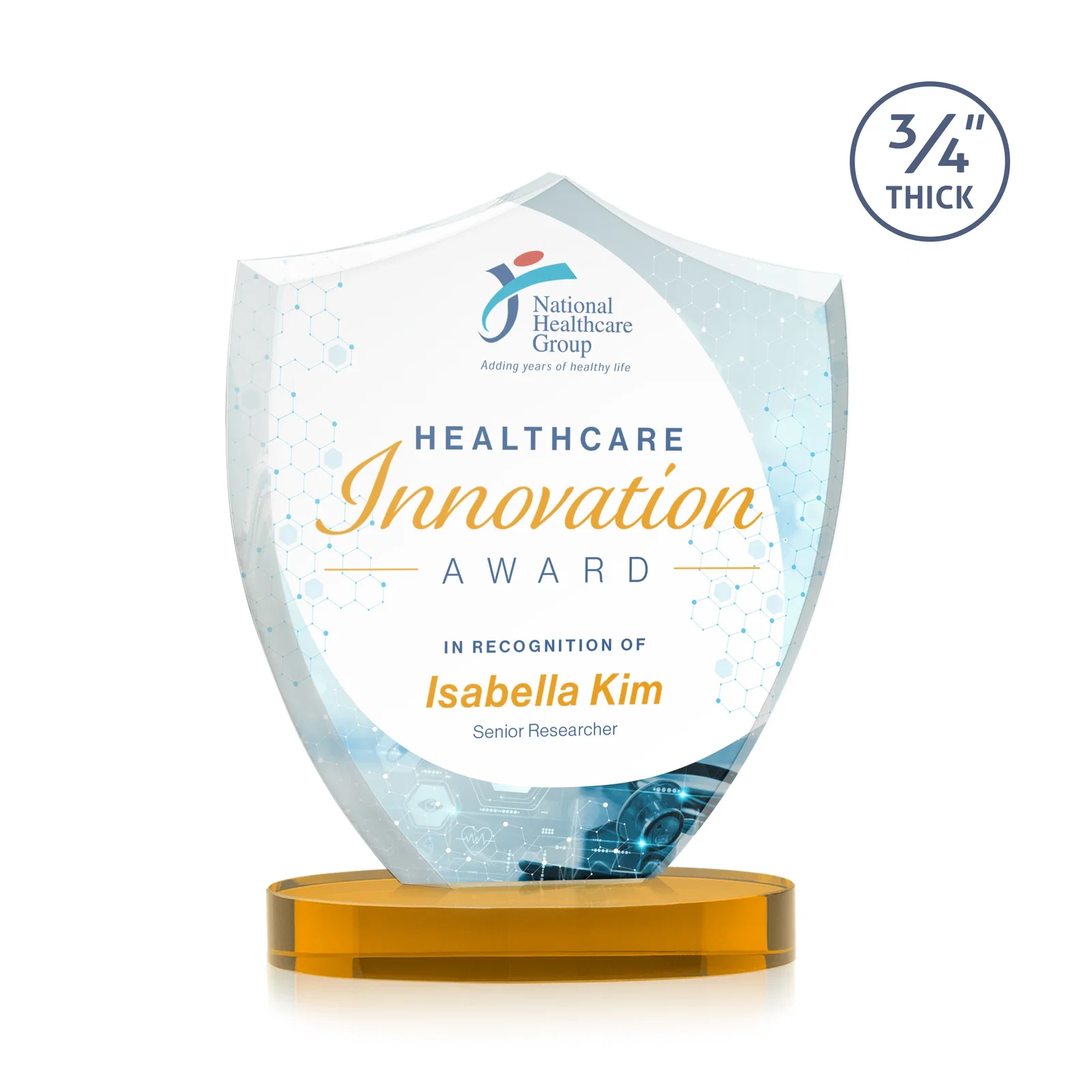 Branded Starfire Crystal Shield Award on Rounded Oval Base, awards for donor appreciation