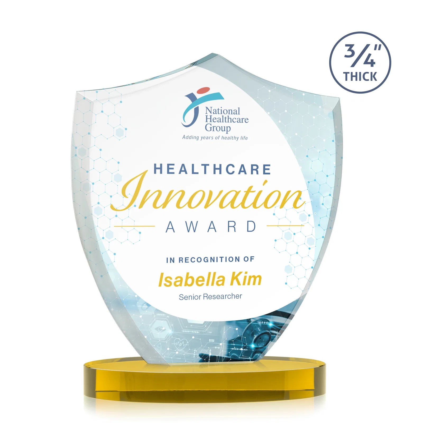 Branded Starfire Crystal Shield Award on Rounded Oval Base, awards for company anniversary events