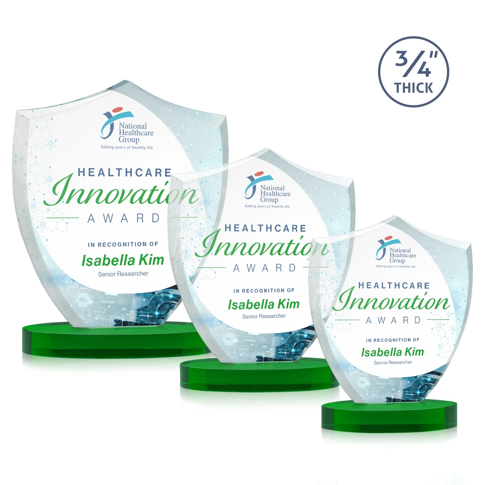 Custom printed Starfire Crystal Shield Award on Rounded Oval Base, awards for employee recognition